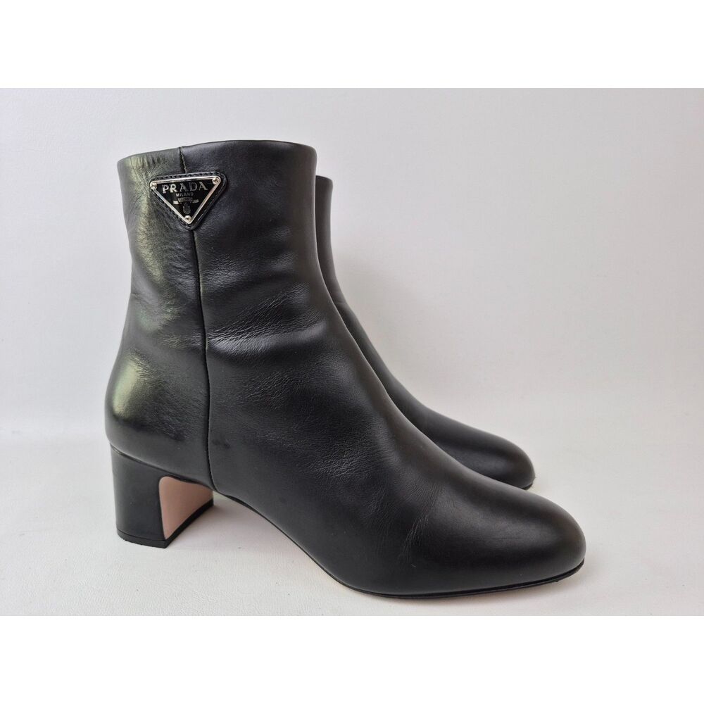 Prada Women's Black Triangle Logo Block Heel Leather Bootie Size 36.5